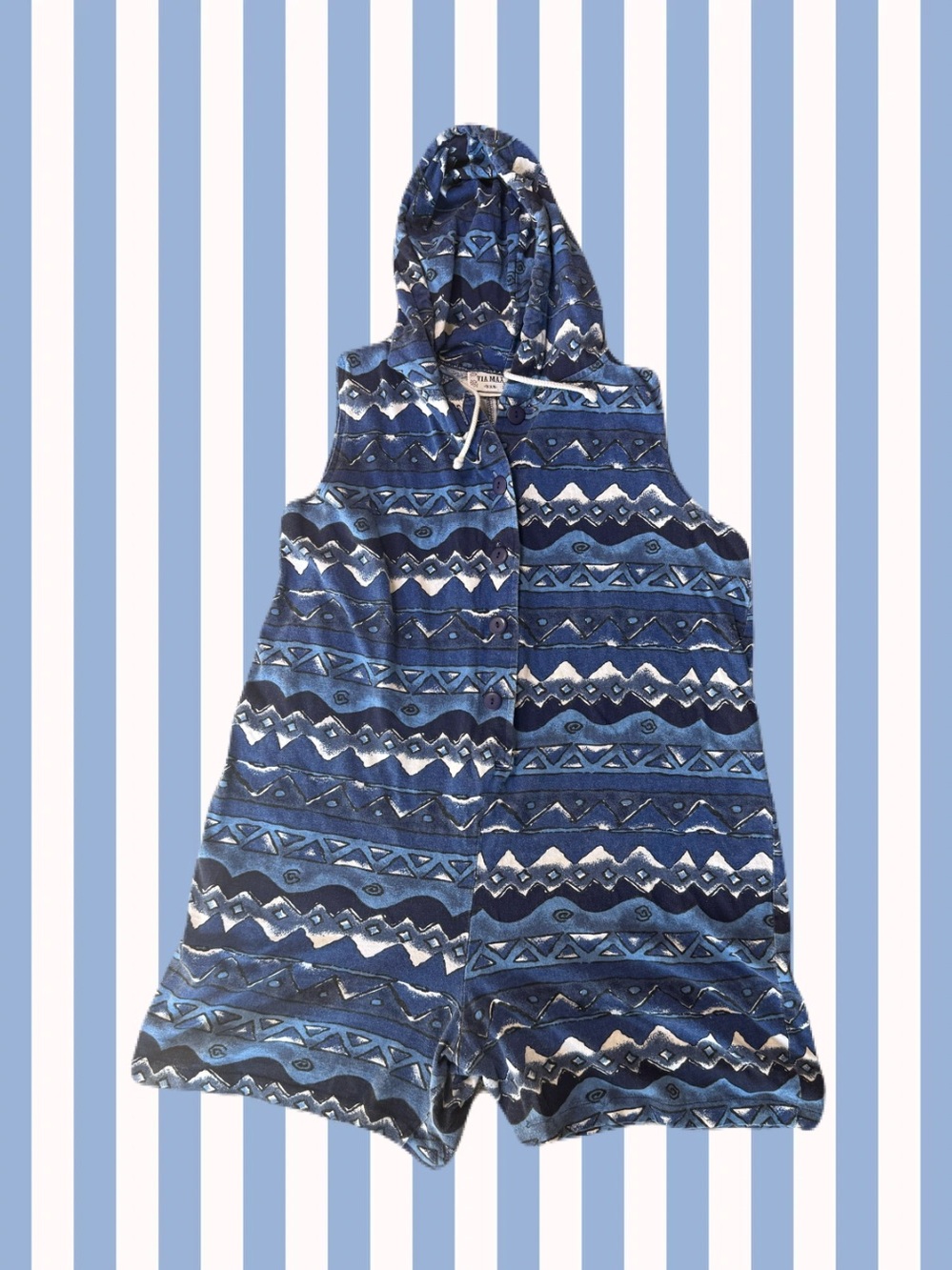 Vintage 90s Blue Patterned Hooded Romper Beach Paper Tag